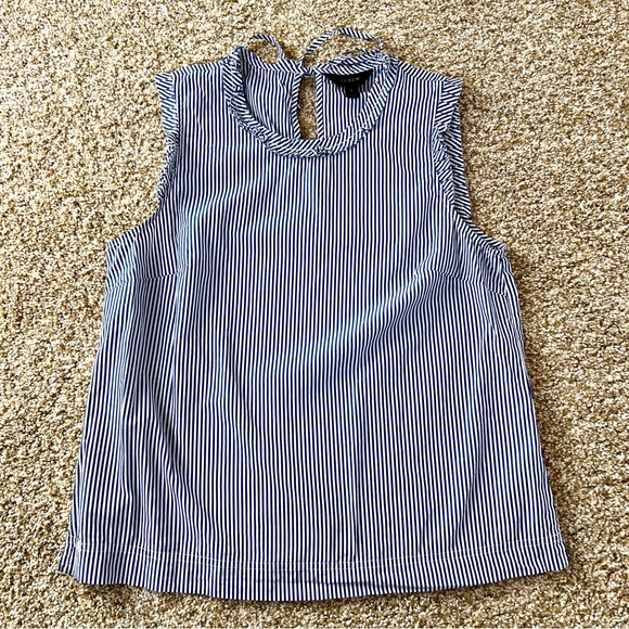 J. Crew Blue and White Stripe Ruffle Trim Sleeveless Top Size 8 - Picture 2 of 8